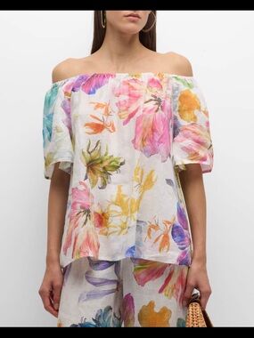 NWT 120% Lino Bohemian Elegance 
Off-Shoulder Floral-Print Linen Blouse